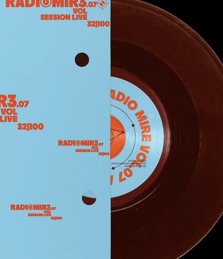 Brown vinyl record sleeve with Radio Mire live session typography