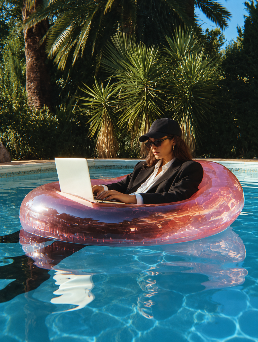 Team member working on a laptop in a pool float